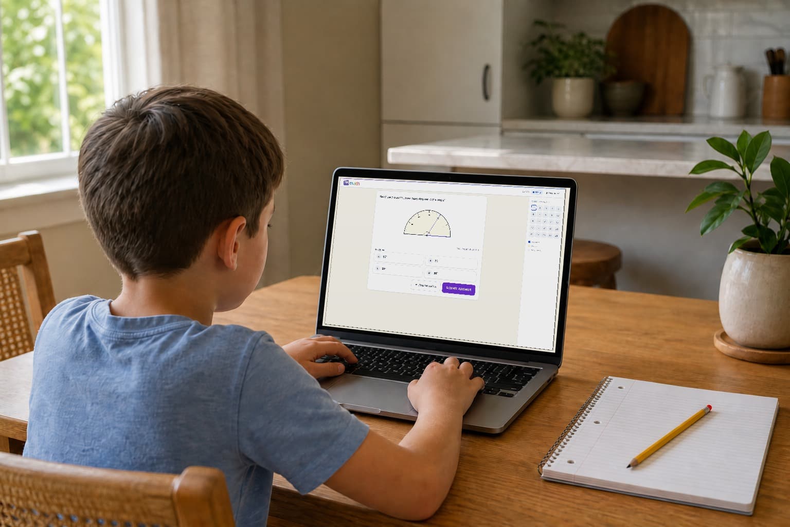 Child practicing a PM Math exam on a laptop at home.