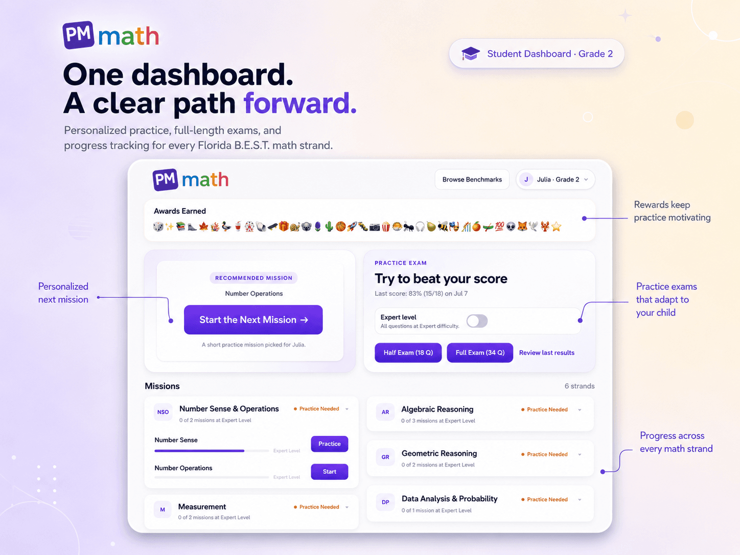 Personalized student dashboard showing recommended next mission and progress across math strands