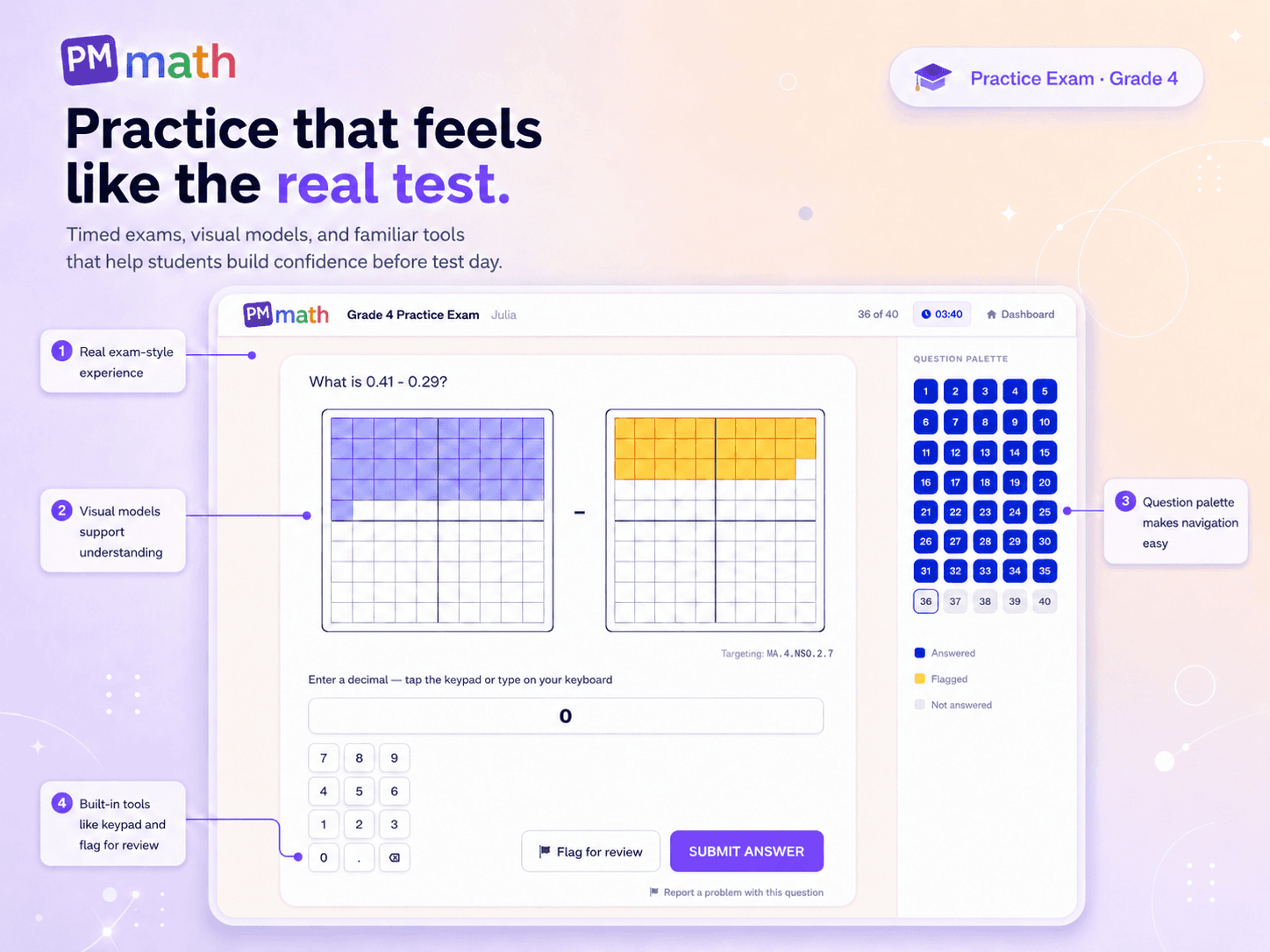Realistic timed practice exam with visual models, question navigation, and built-in tools