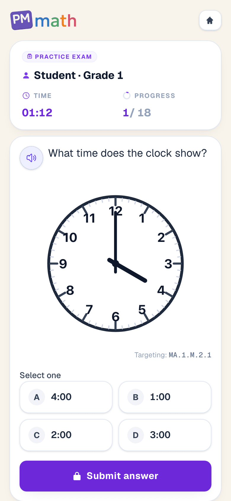 1st Grade PM Math practice exam asking what time a clock shows