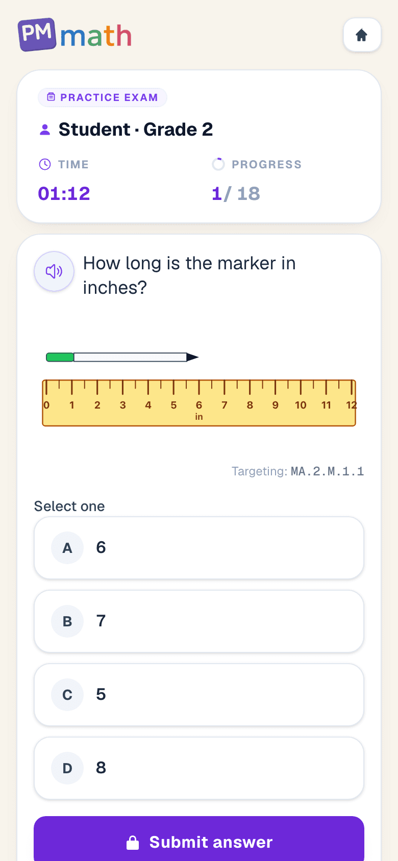 2nd Grade PM Math practice exam asking how long a marker is in inches using a ruler