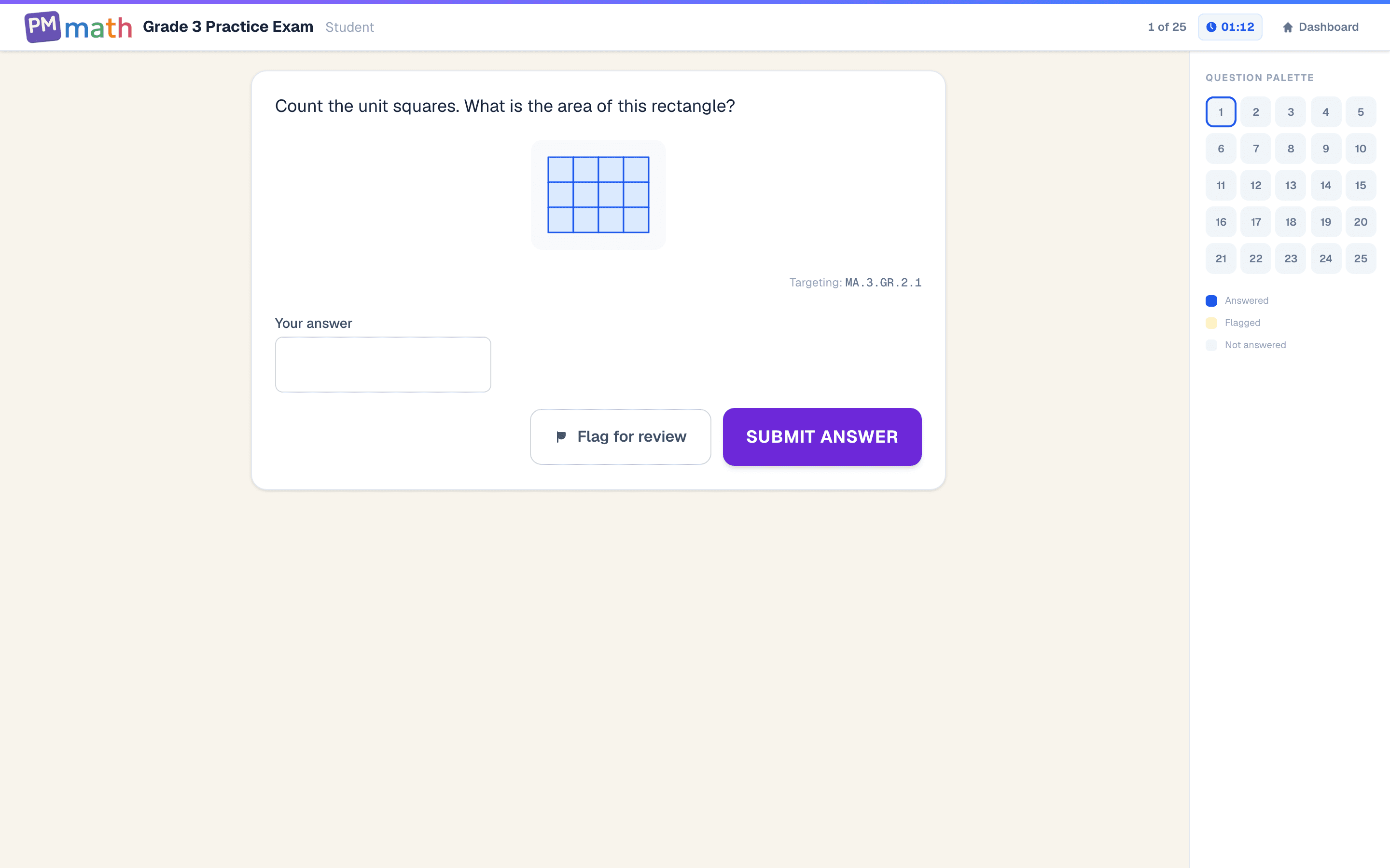 3rd Grade PM Math practice exam asking for the area of a rectangle by counting unit squares