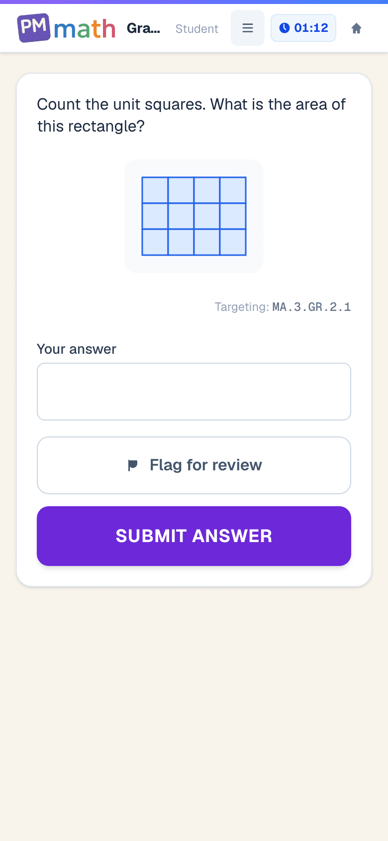 3rd Grade PM Math practice exam asking for the area of a rectangle by counting unit squares