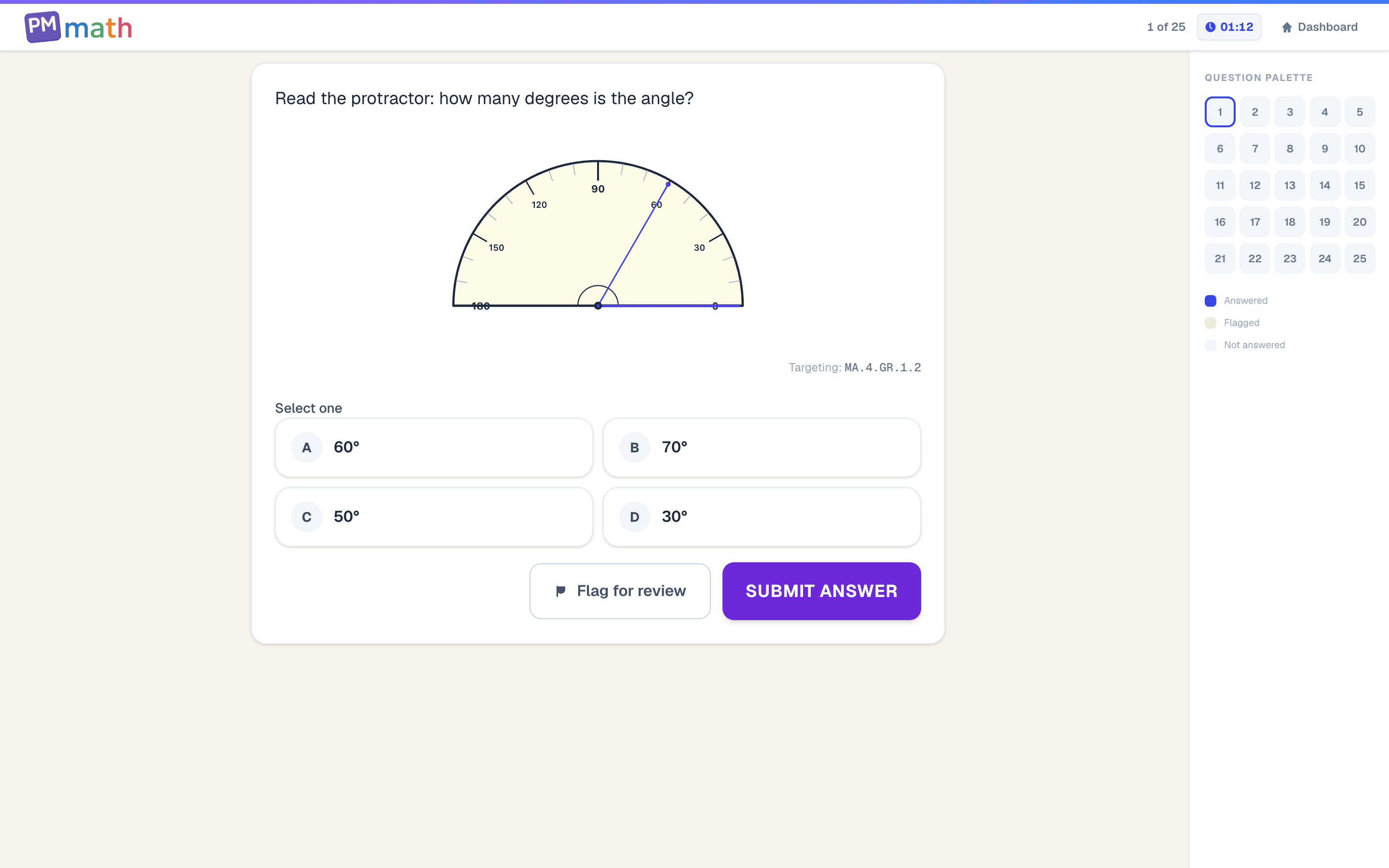 4th Grade PM Math practice exam asking to measure an angle with a protractor