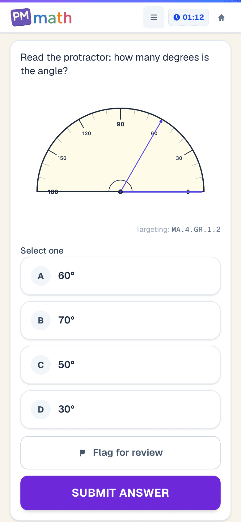 4th Grade PM Math practice exam asking to measure an angle with a protractor