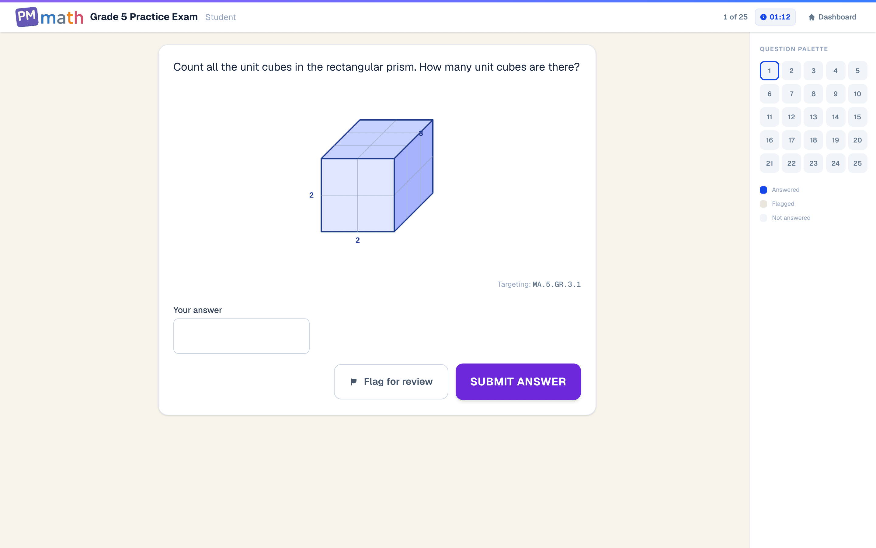 5th Grade PM Math practice exam asking how many unit cubes are in a rectangular prism