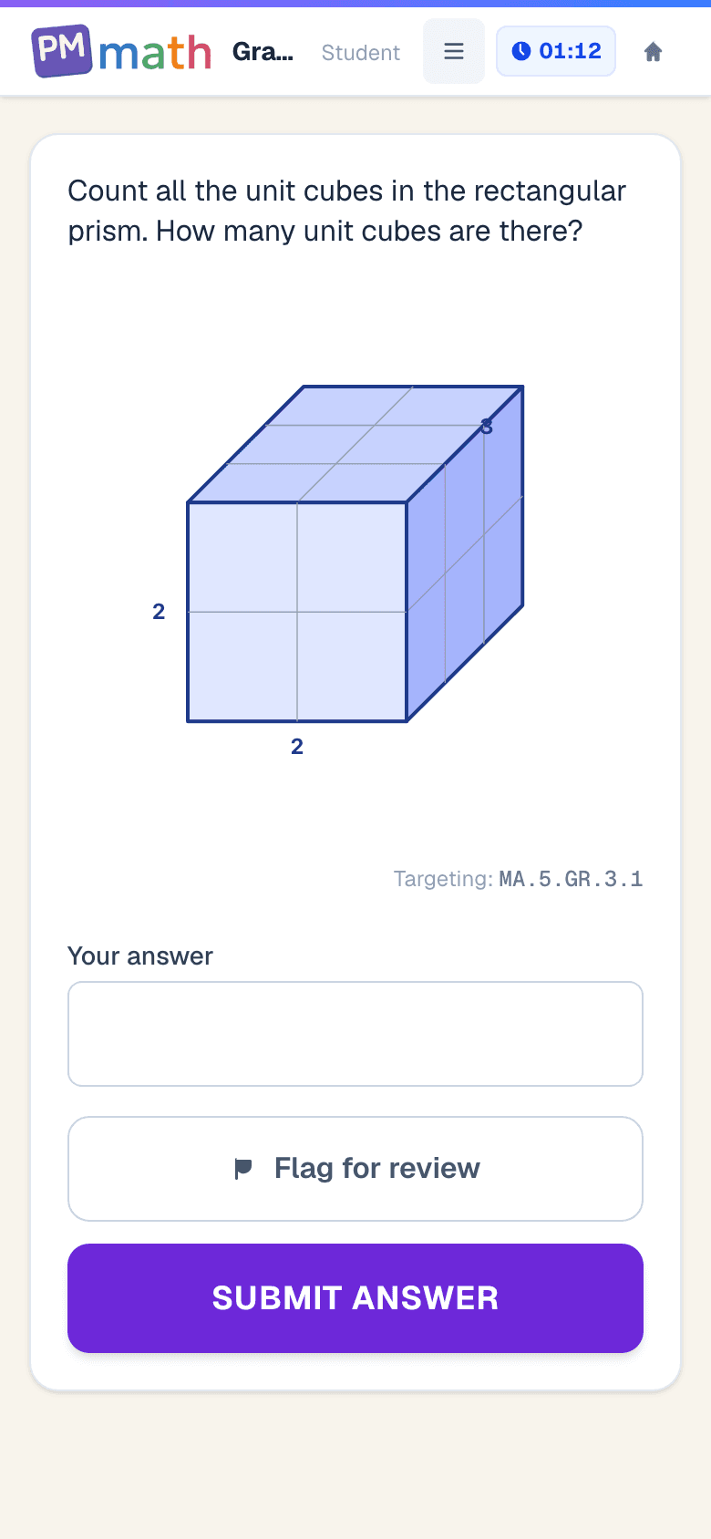 5th Grade PM Math practice exam asking how many unit cubes are in a rectangular prism