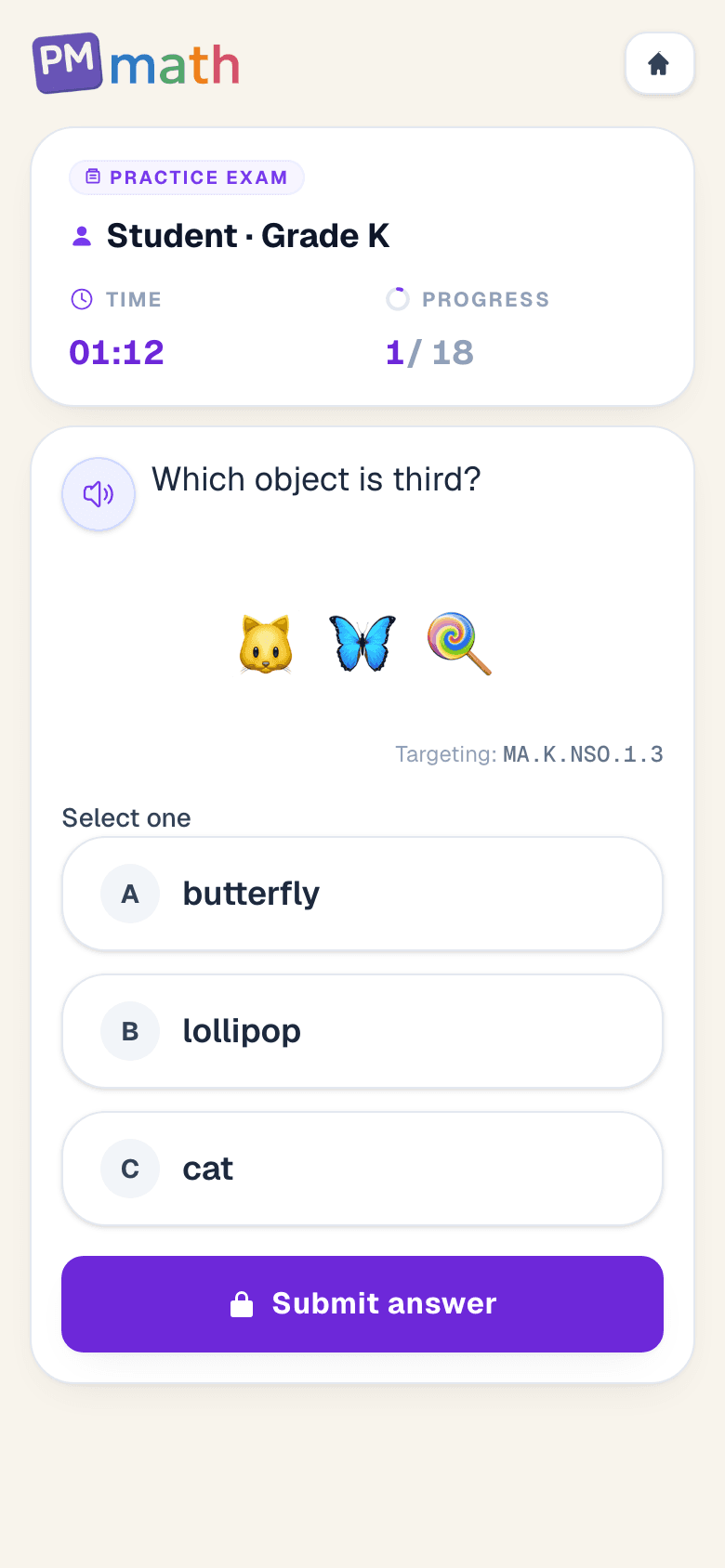 Kindergarten PM Math practice exam asking which object is third in a row of a cat, a butterfly, and a lollipop