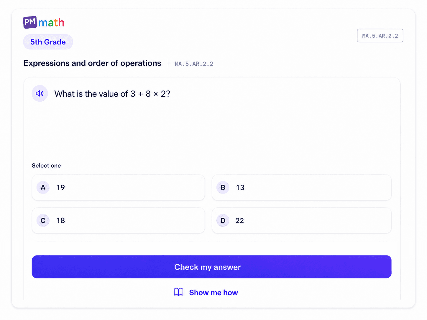 5th Grade PM Math practice question on expressions and order of operations