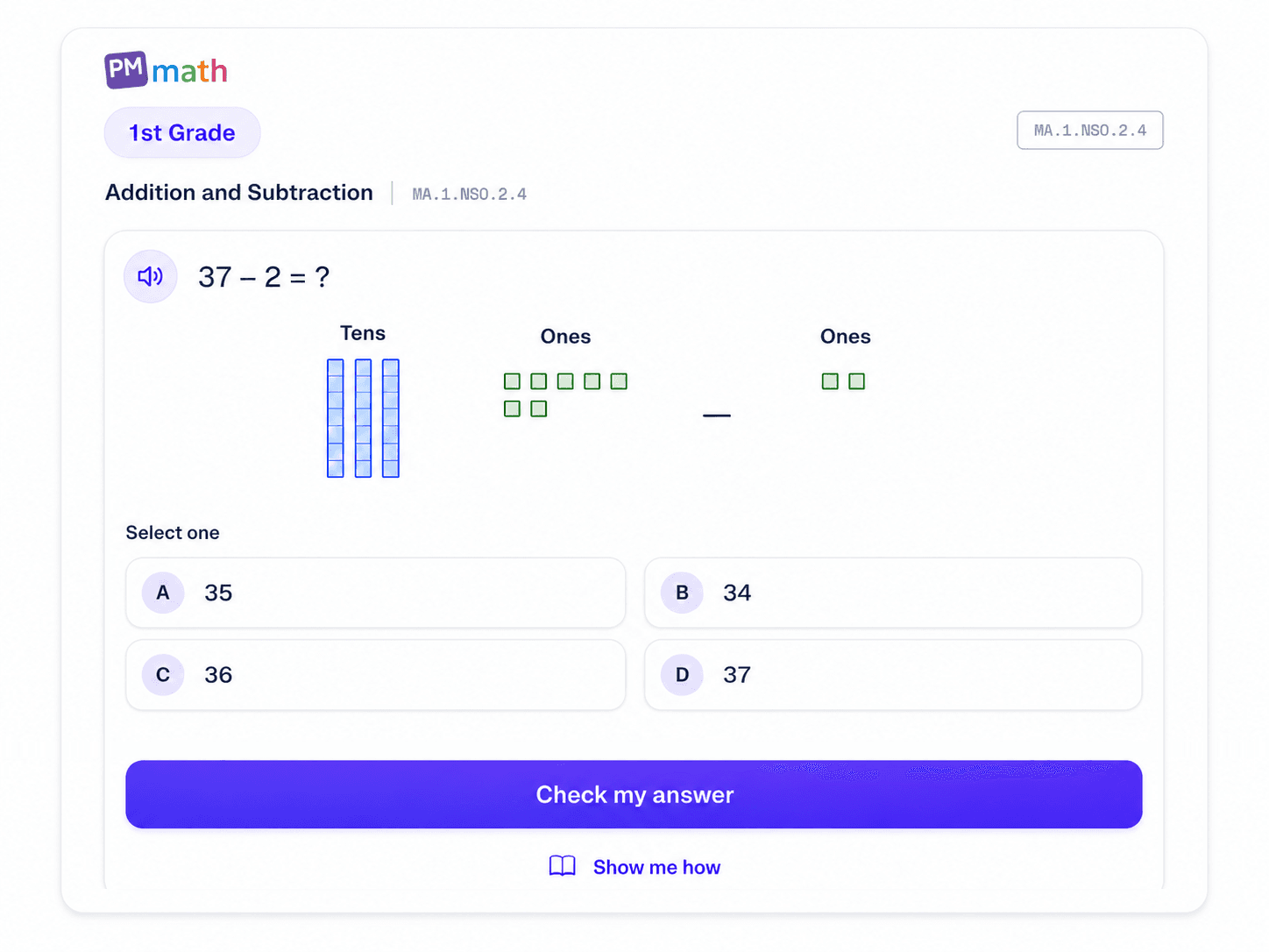 1st Grade PM Math practice question on subtraction with base-ten block models