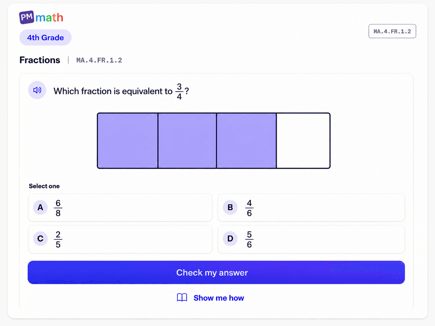4th Grade PM Math practice question on equivalent fractions with a shaded fraction model