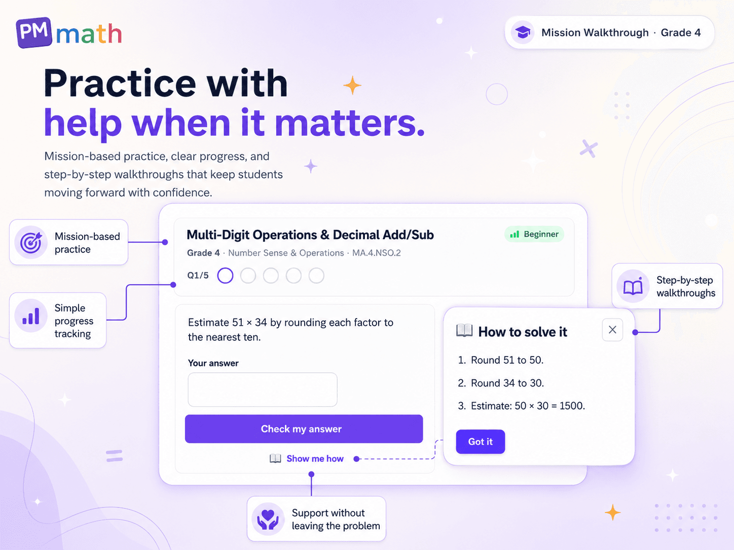 Mission practice with a step-by-step walkthrough beside the problem