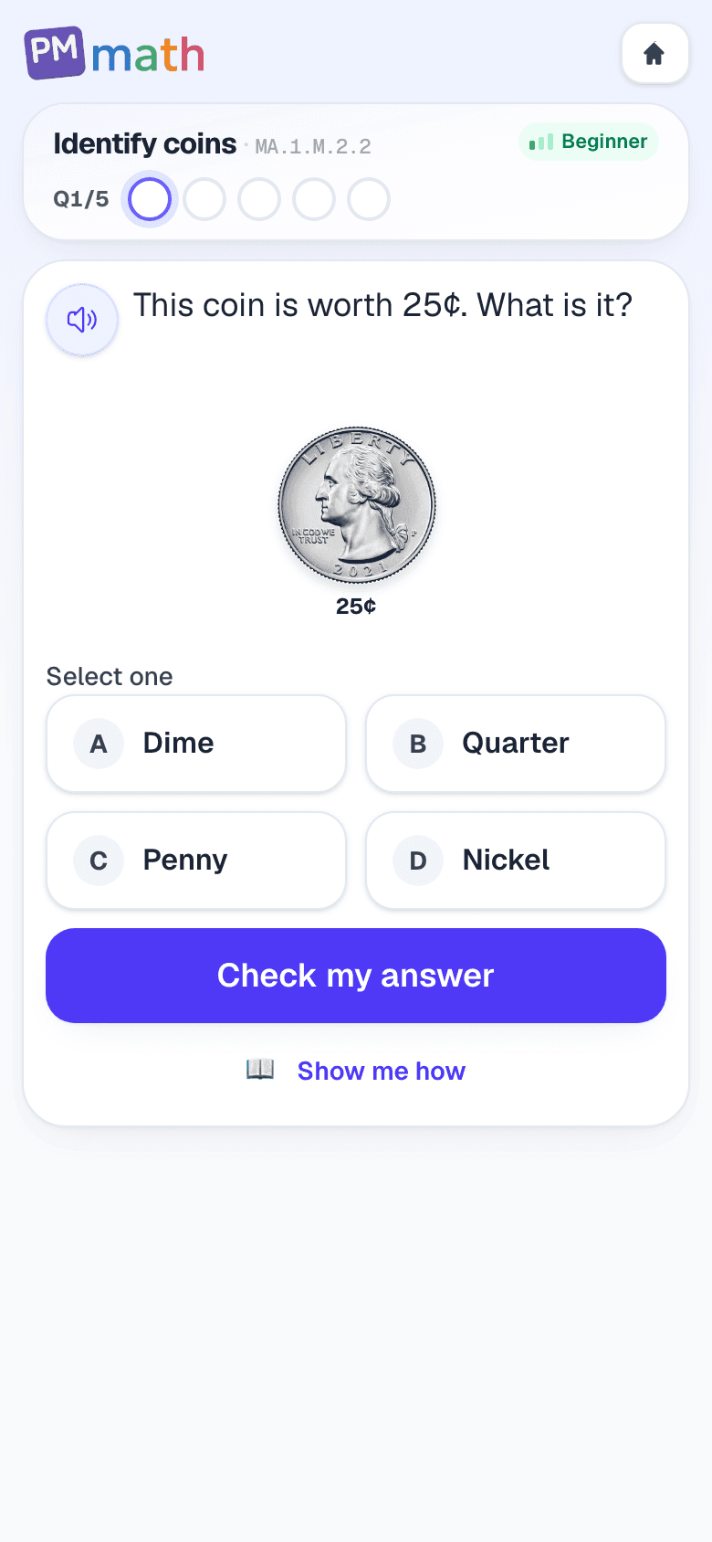 1st Grade PM Math mission practice asking which coin is worth 25 cents