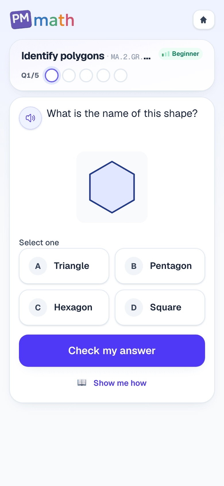 2nd Grade PM Math mission practice asking for the name of a hexagon