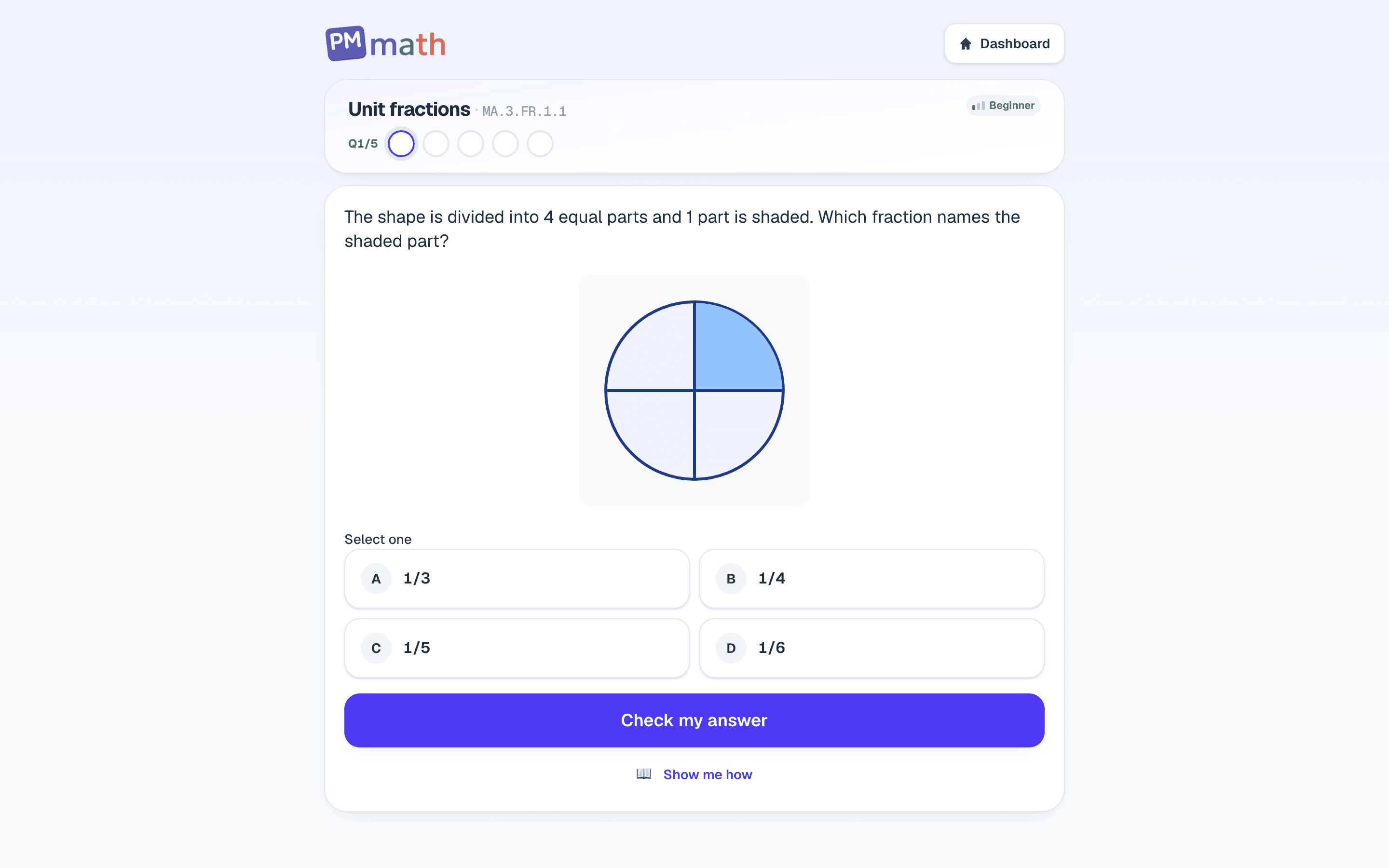 3rd Grade PM Math mission practice asking which unit fraction of a circle is shaded