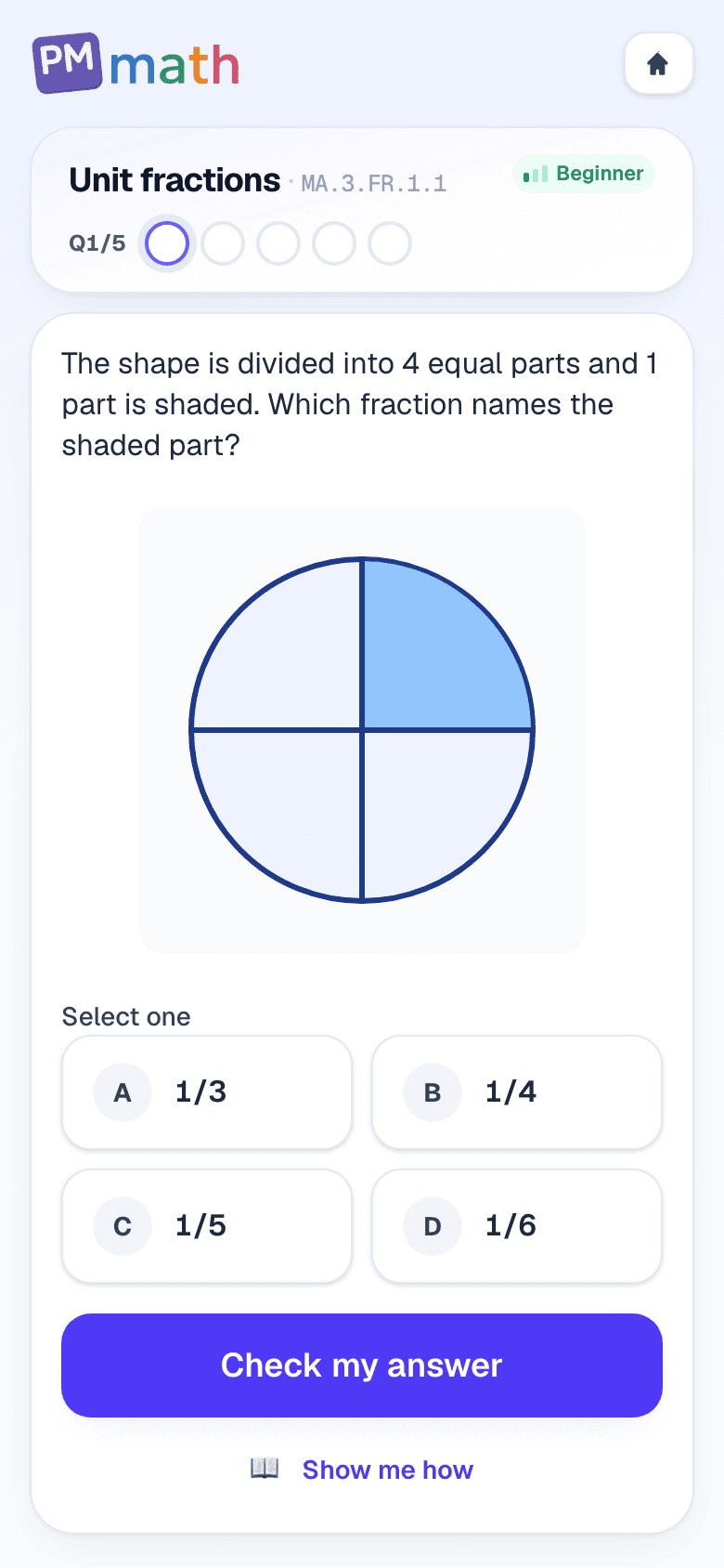 3rd Grade PM Math mission practice asking which unit fraction of a circle is shaded