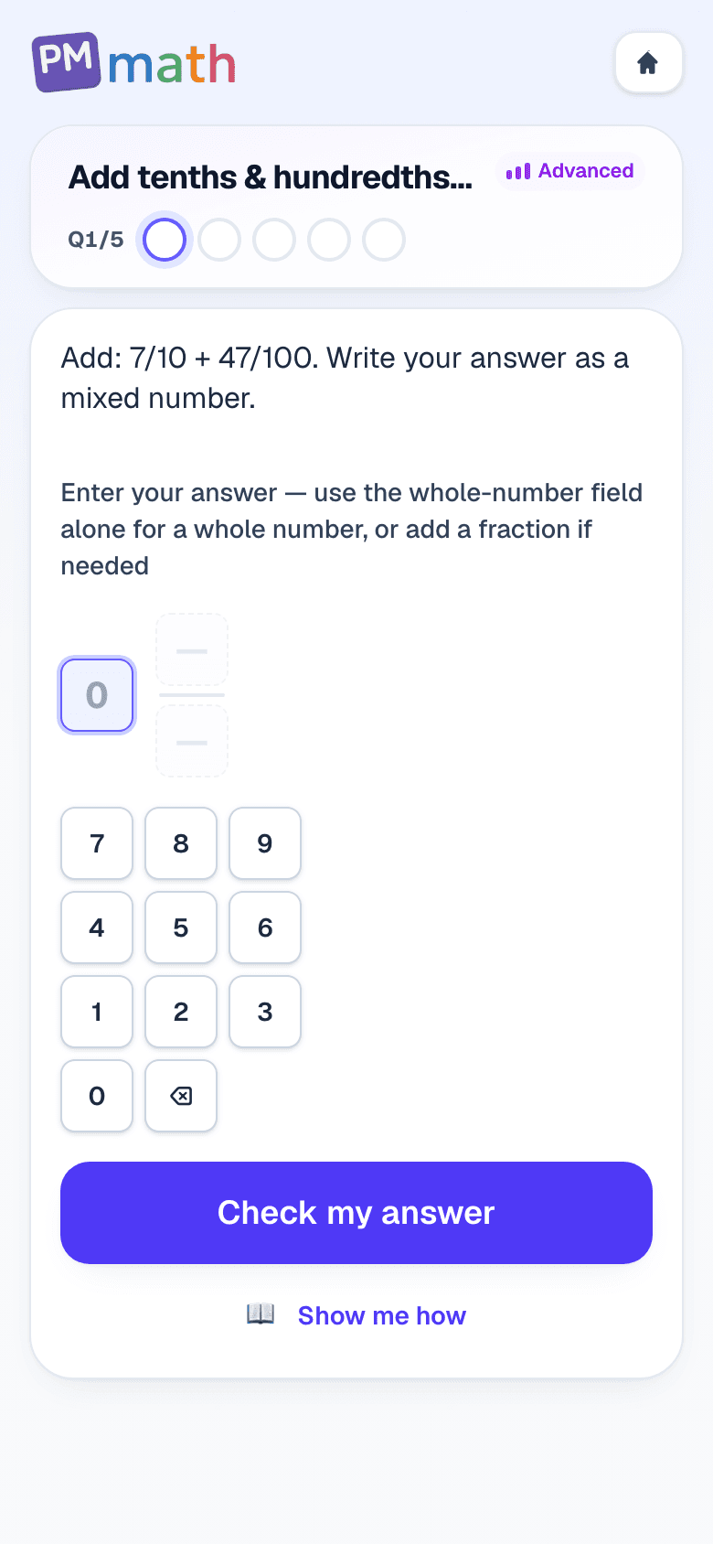 4th Grade PM Math mission practice asking to add tenths and hundredths as a mixed number