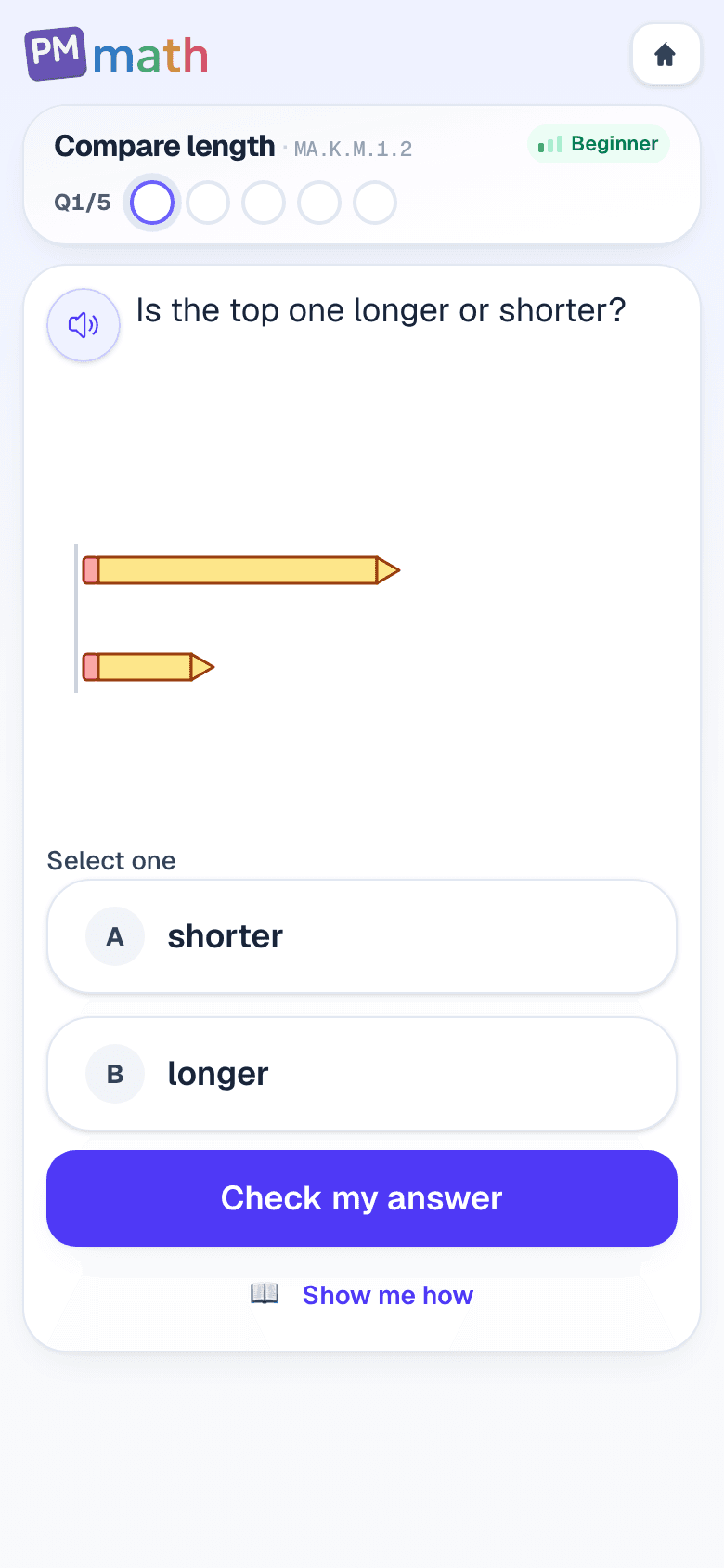 Kindergarten PM Math mission practice asking whether the top pencil is longer or shorter