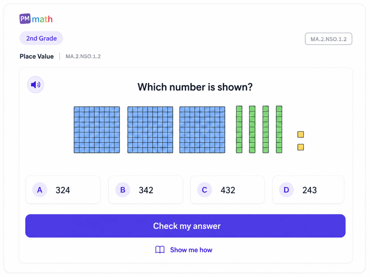 2nd Grade PM Math place value practice question with base ten blocks showing which number is represented