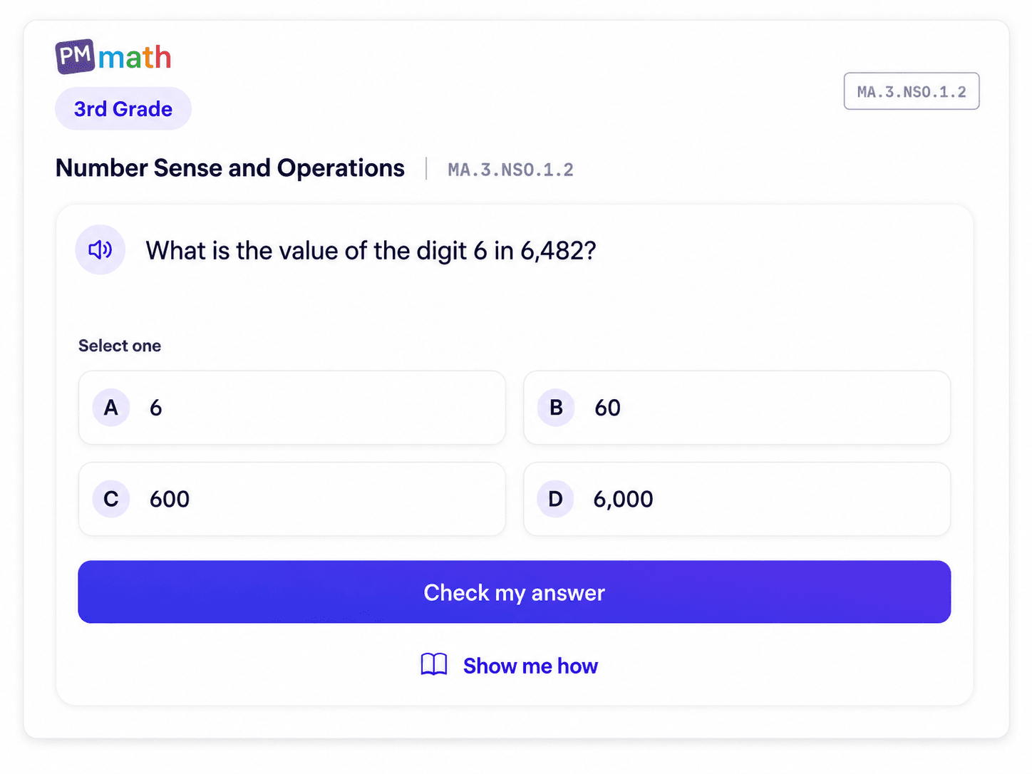 3rd Grade PM Math practice question on place value asking for the value of a digit in 6,482